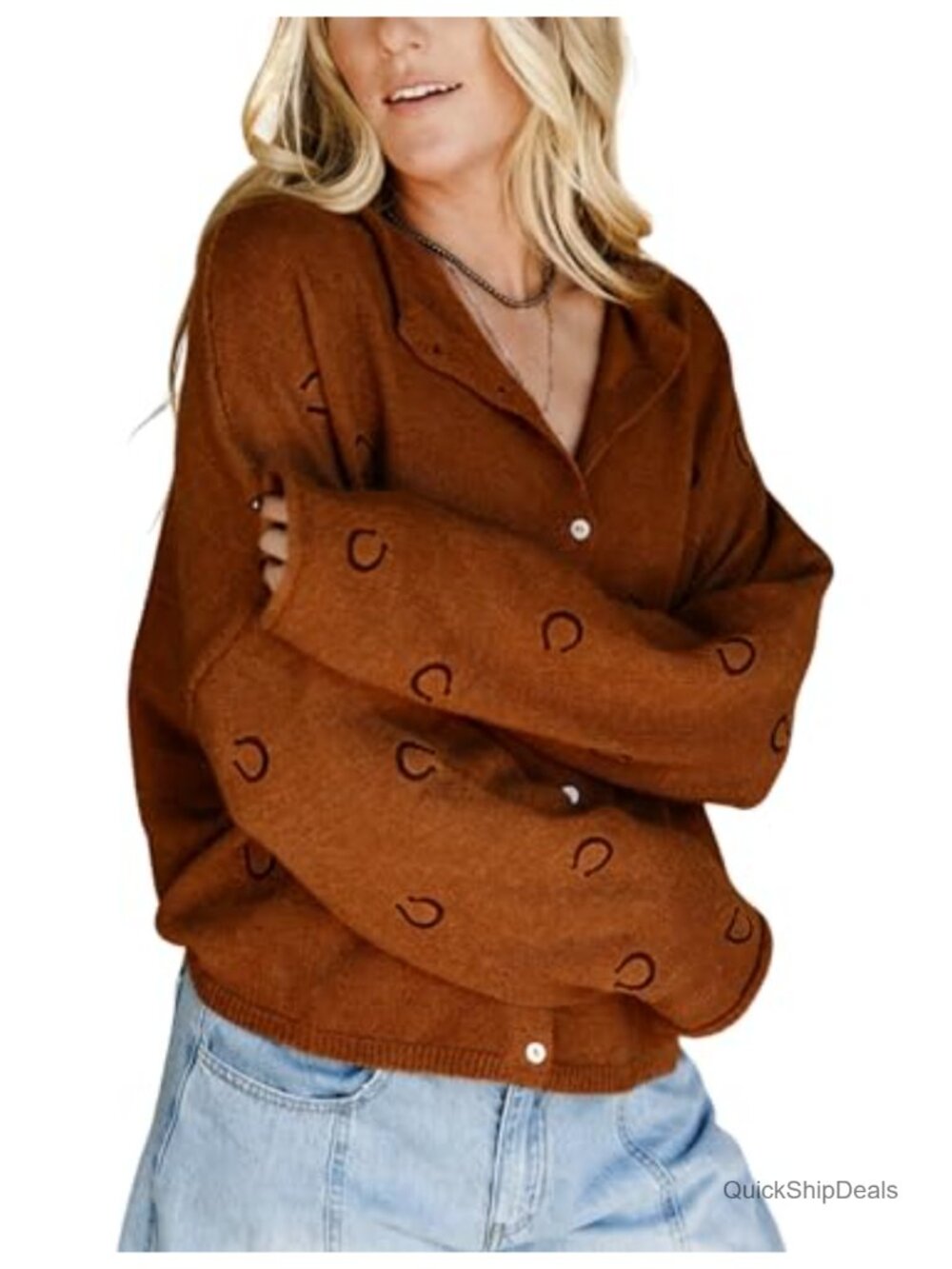 Long Sleeve Ribbed Knit Cardigan Horseshoe Embroidery Button